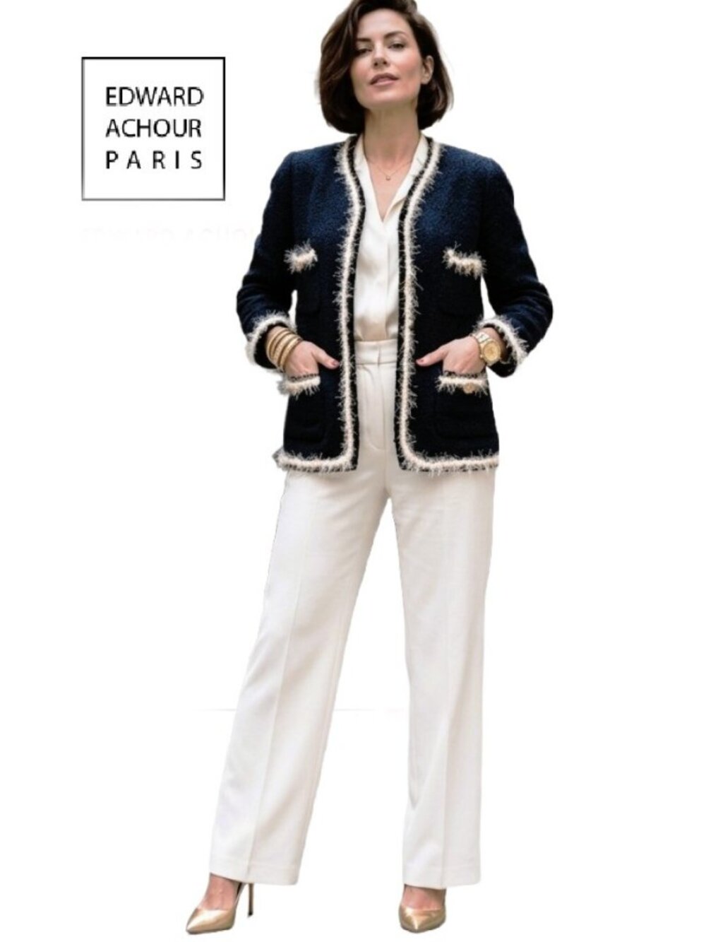 EDWARD ACHOUR PARIS Navy Blue Tweed Ivory Fringe Trims Gold Chain Luxury Jacket